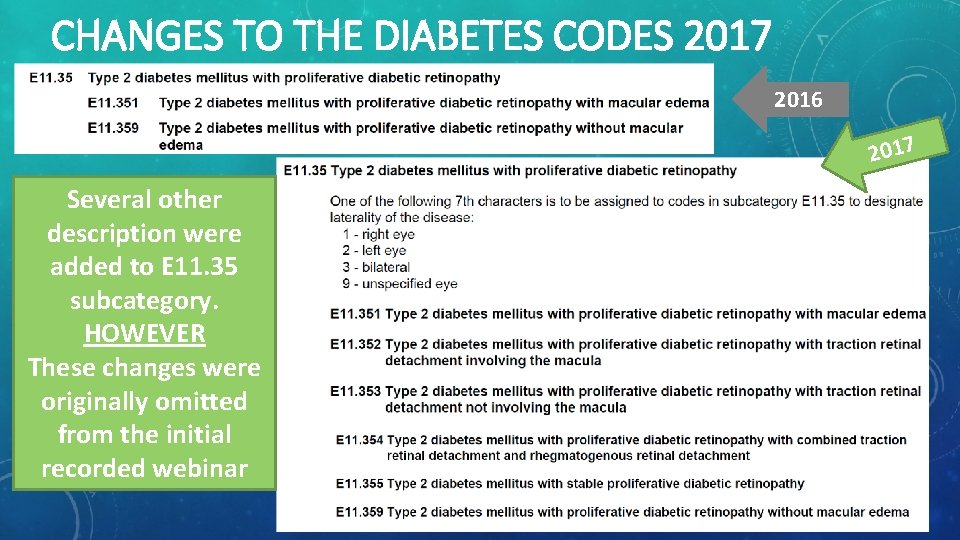 CHANGES TO THE DIABETES CODES 2017 2016 2017 Several other description were added to