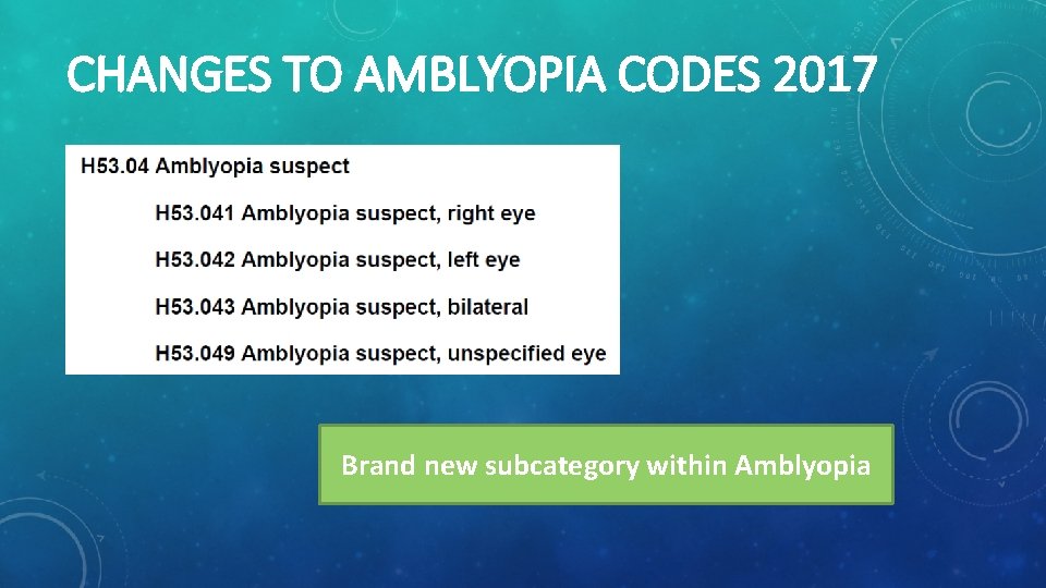 CHANGES TO AMBLYOPIA CODES 2017 Brand new subcategory within Amblyopia 