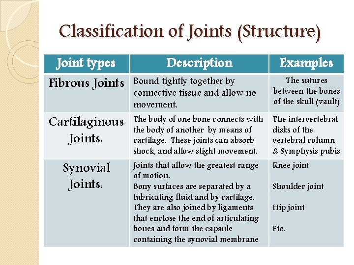 Classification of Joints (Structure) Joint types Fibrous Joints Cartilaginous Joints: Synovial Joints: Description Examples