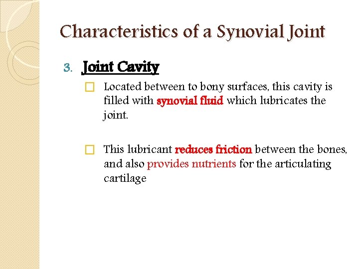 Characteristics of a Synovial Joint 3. Joint Cavity � Located between to bony surfaces,