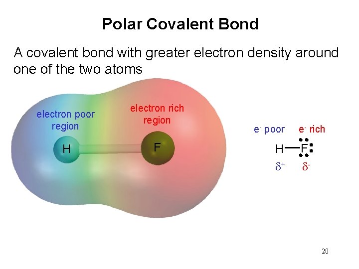 Polar Covalent Bond A covalent bond with greater electron density around one of the