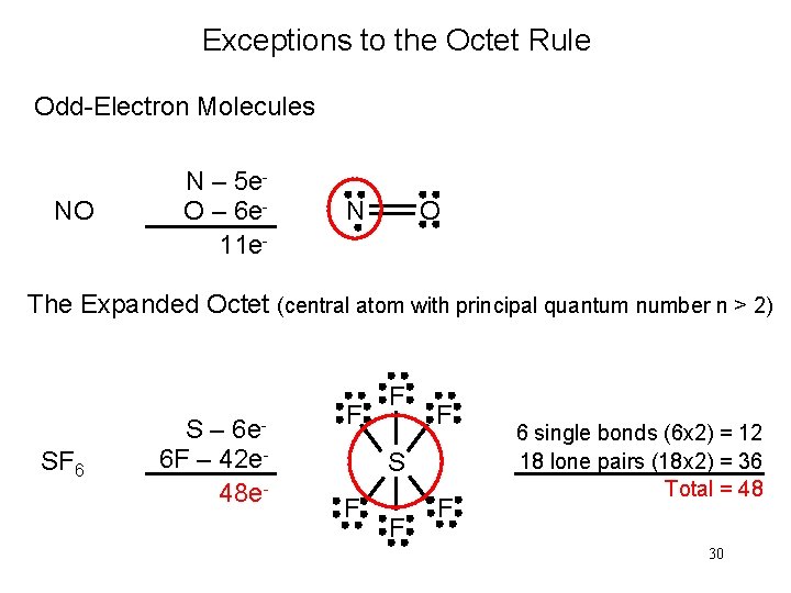 Exceptions to the Octet Rule Odd-Electron Molecules NO N – 5 e. O –