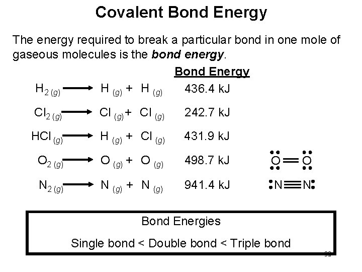 Covalent Bond Energy The energy required to break a particular bond in one mole