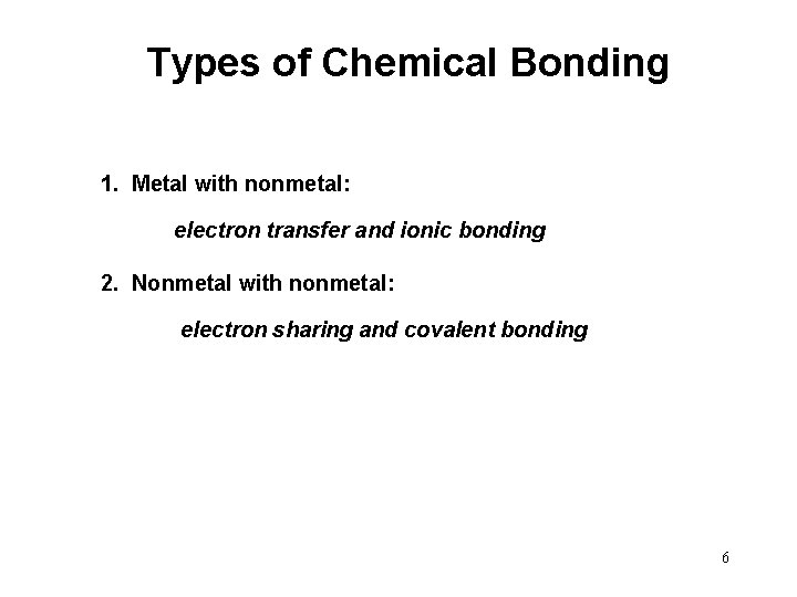 Types of Chemical Bonding 1. Metal with nonmetal: electron transfer and ionic bonding 2.