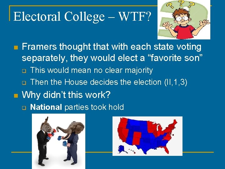 Electoral College – WTF? n Framers thought that with each state voting separately, they