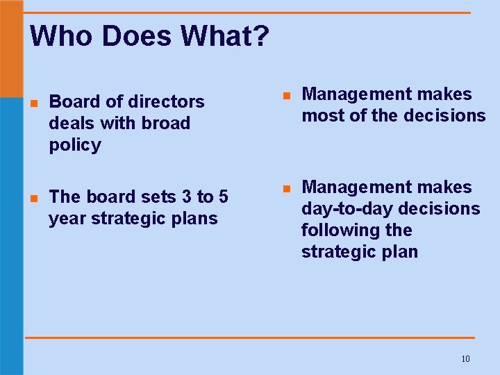 Who Does What? n n Board of directors deals with broad policy n Management