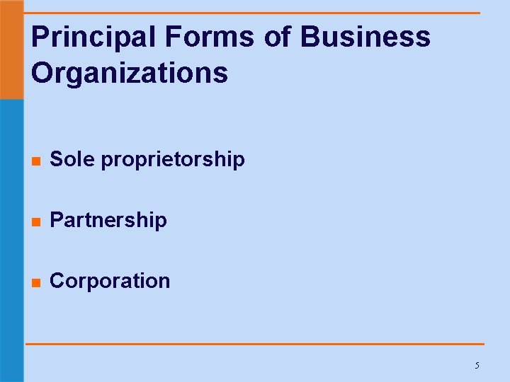 Principal Forms of Business Organizations n Sole proprietorship n Partnership n Corporation 5 