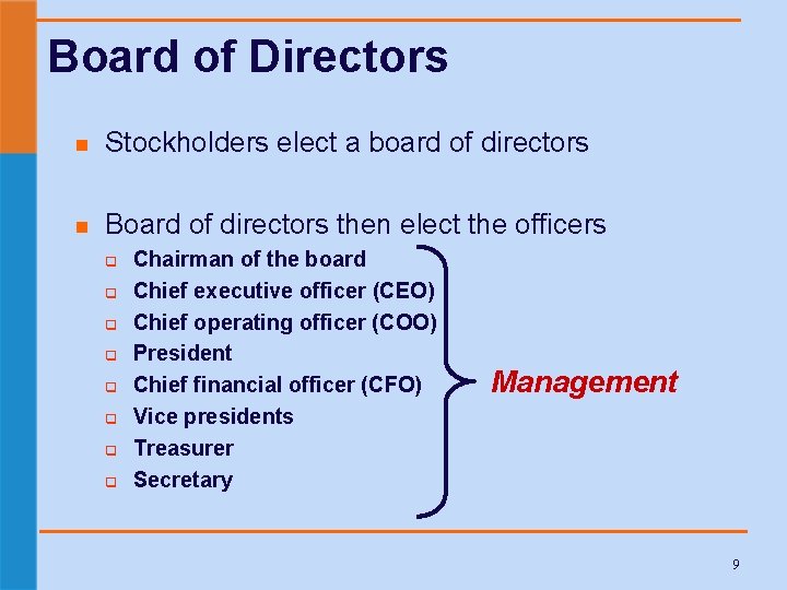 Board of Directors n Stockholders elect a board of directors n Board of directors