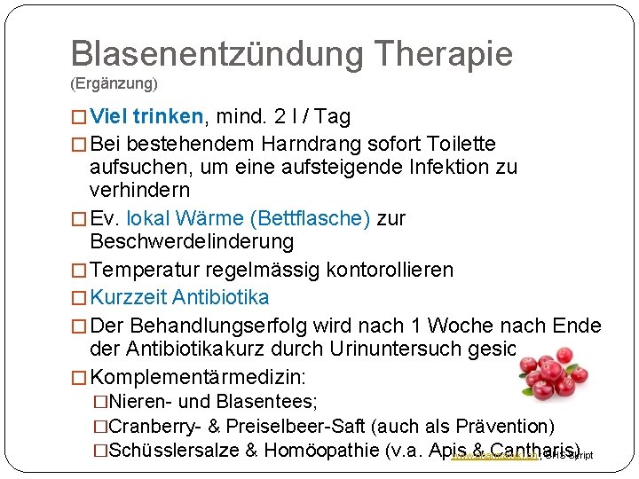 Blasenentzündung Therapie (Ergänzung) � Viel trinken, mind. 2 l / Tag � Bei bestehendem