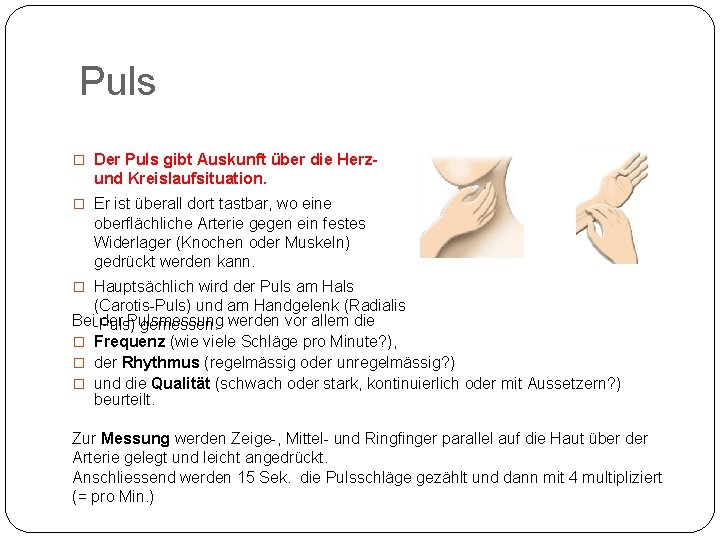 Puls � Der Puls gibt Auskunft über die Herz und Kreislaufsituation. � Er ist