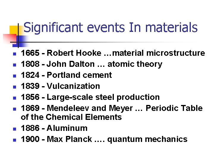 Significant events In materials n n n n 1665 - Robert Hooke …material microstructure