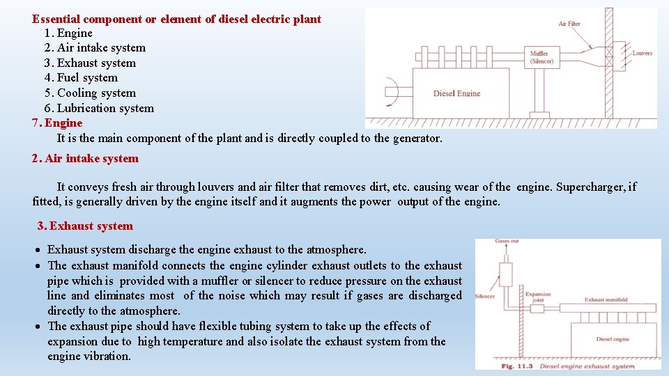 Essential component or element of diesel electric plant 1. Engine 2. Air intake system