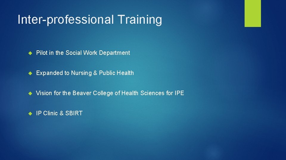 Inter-professional Training Pilot in the Social Work Department Expanded to Nursing & Public Health