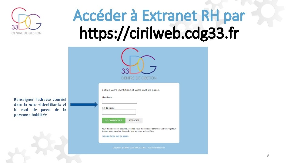 Accéder à Extranet RH par https: //cirilweb. cdg 33. fr Renseigner l’adresse courriel dans