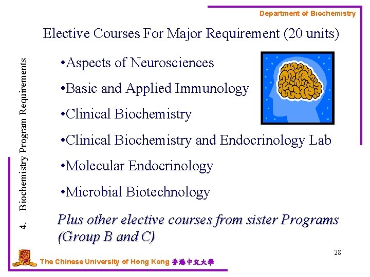 Department of Biochemistry 4. Biochemistry Program Requirements Elective Courses For Major Requirement (20 units)