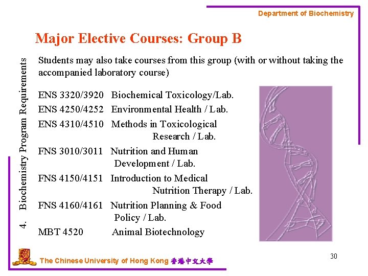 Department of Biochemistry 4. Biochemistry Program Requirements Major Elective Courses: Group B Students may