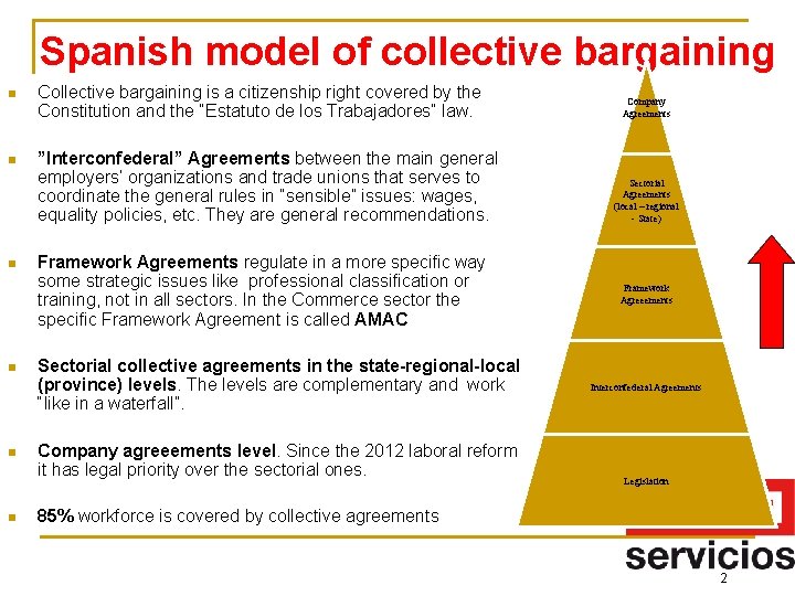 Spanish model of collective bargaining n Collective bargaining is a citizenship right covered by