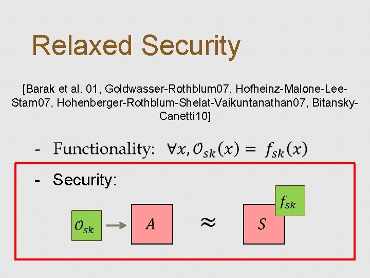 Relaxed Security [Barak et al. 01, Goldwasser-Rothblum 07, Hofheinz-Malone-Lee. Stam 07, Hohenberger-Rothblum-Shelat-Vaikuntanathan 07, Bitansky.