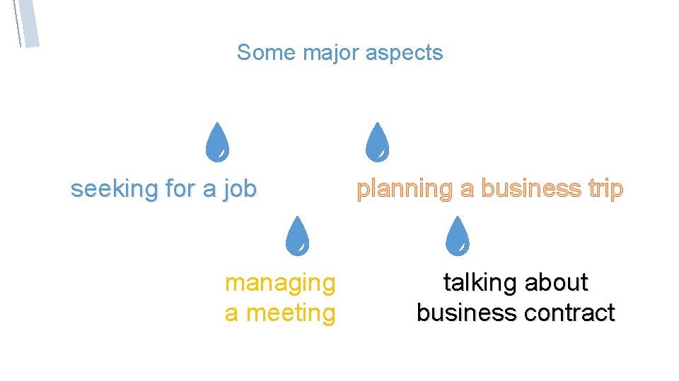 Some major aspects seeking for a job managing a meeting planning a business trip
