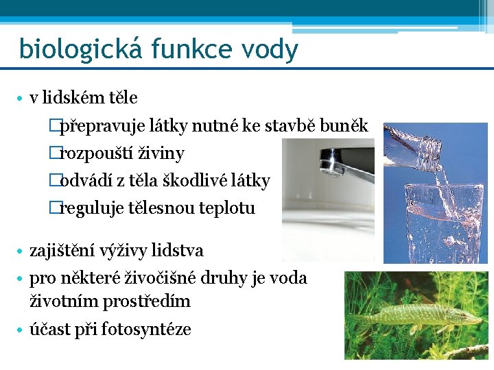 biologická funkce vody • v lidském těle �přepravuje látky nutné ke stavbě buněk �rozpouští