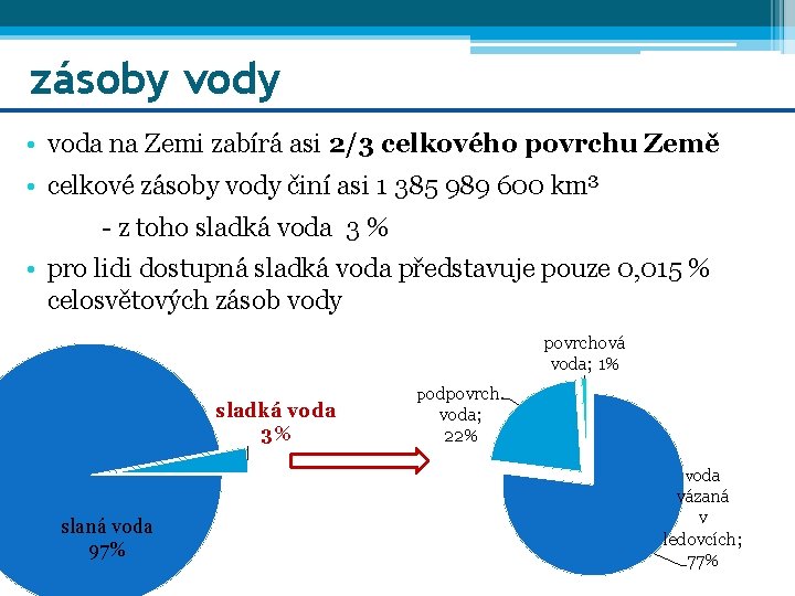 zásoby vody • voda na Zemi zabírá asi 2/3 celkového povrchu Země • celkové