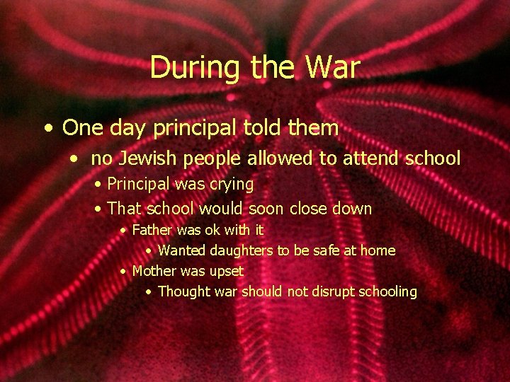 During the War • One day principal told them • no Jewish people allowed