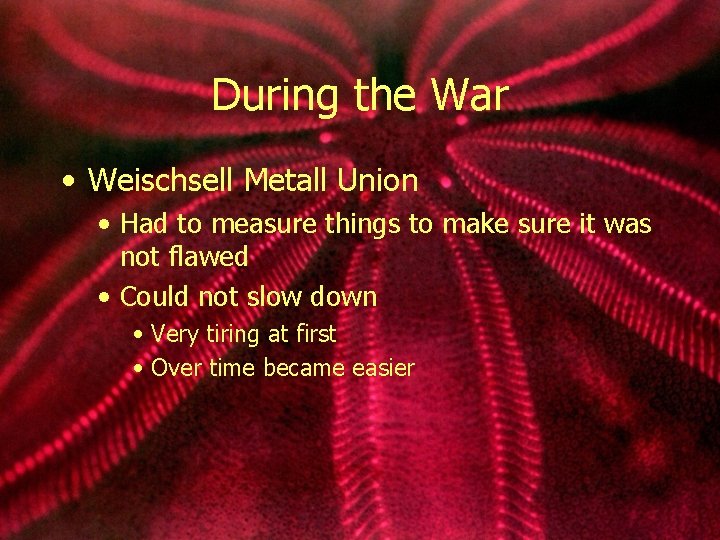During the War • Weischsell Metall Union • Had to measure things to make
