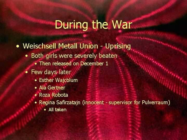 During the War • Weischsell Metall Union - Uprising • Both girls were severely