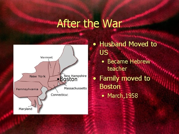 After the War • Husband Moved to US • Became Hebrew teacher • Boston