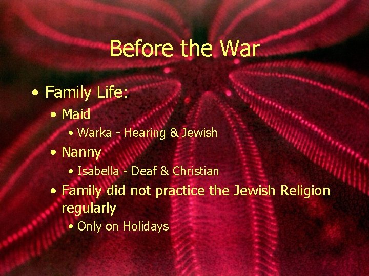 Before the War • Family Life: • Maid • Warka - Hearing & Jewish