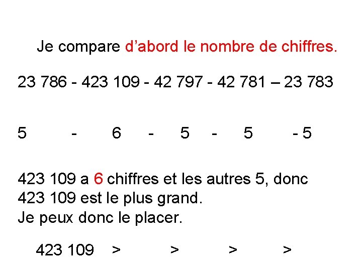 Je compare d’abord le nombre de chiffres. 23 786 - 423 109 - 42