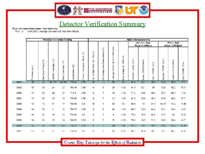 Detector Verification Summary Cosmic RAy Telescope for the Effects of Radiation 