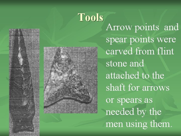 Tools Arrow points and spear points were carved from flint stone and attached to