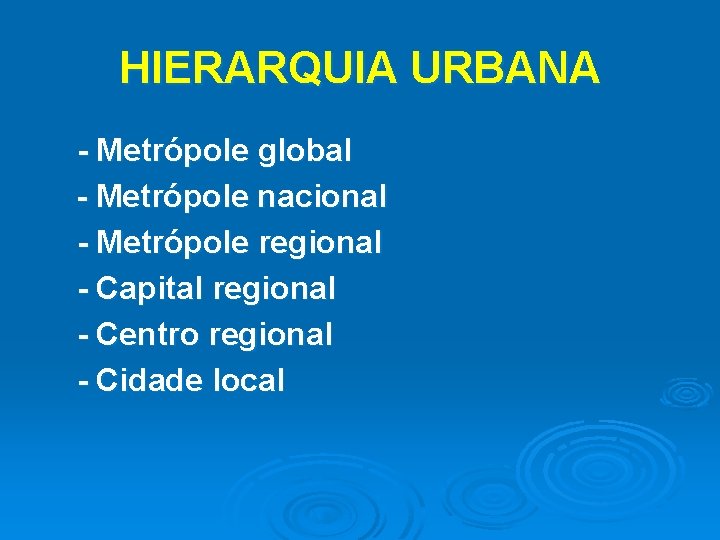 HIERARQUIA URBANA - Metrópole global - Metrópole nacional - Metrópole regional - Capital regional