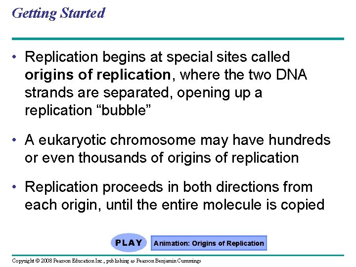 Getting Started • Replication begins at special sites called origins of replication, where the