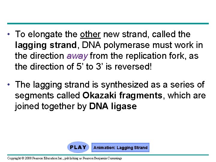  • To elongate the other new strand, called the lagging strand, DNA polymerase