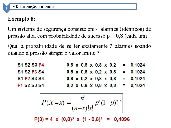 1 • Distribuição Binomial Exemplo 8: Um sistema de segurança consiste em 4 alarmes