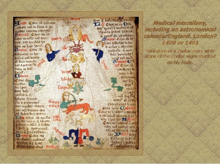 Medical miscellany, including an astronomical calendar. England. London? 1490 or 1491 Miniature of a