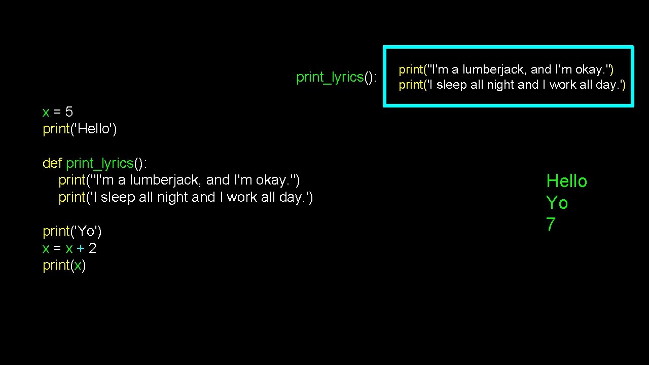 print_lyrics(): print("I'm a lumberjack, and I'm okay. ") print('I sleep all night and I print_lyrics(): print("I'm a lumberjack, and I'm okay. ") print('I sleep all night and I