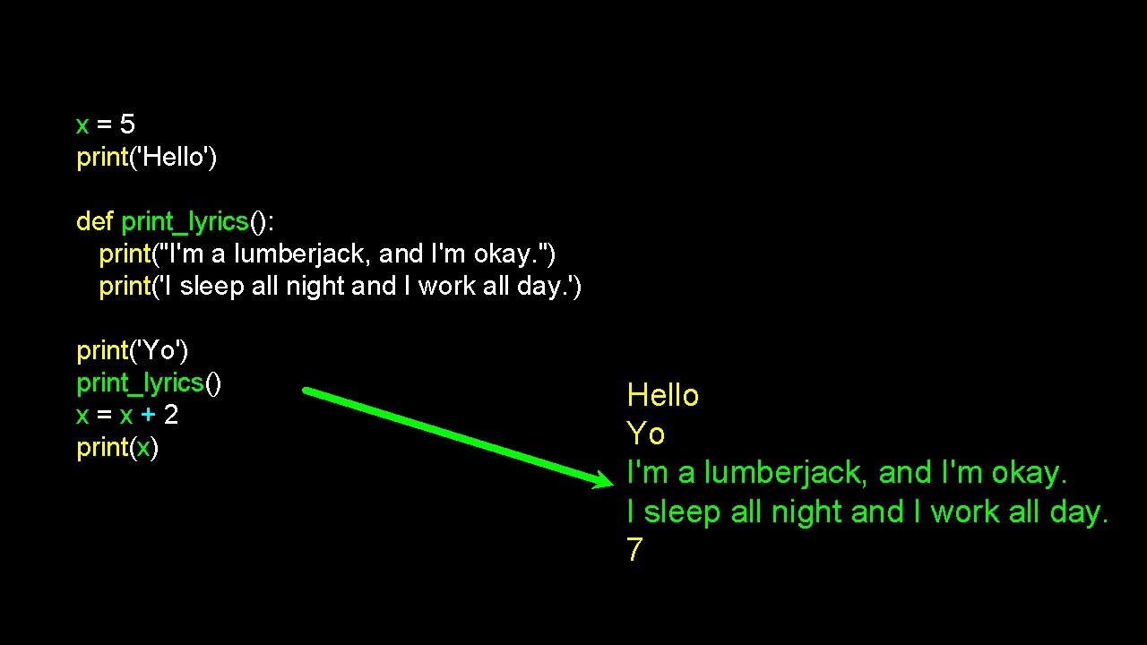 x=5 print('Hello') def print_lyrics(): print("I'm a lumberjack, and I'm okay. ") print('I sleep all