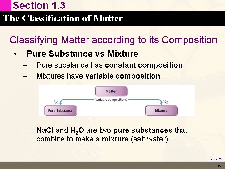 Section 1. 3 The Classification of Matter Classifying Matter according to its Composition •