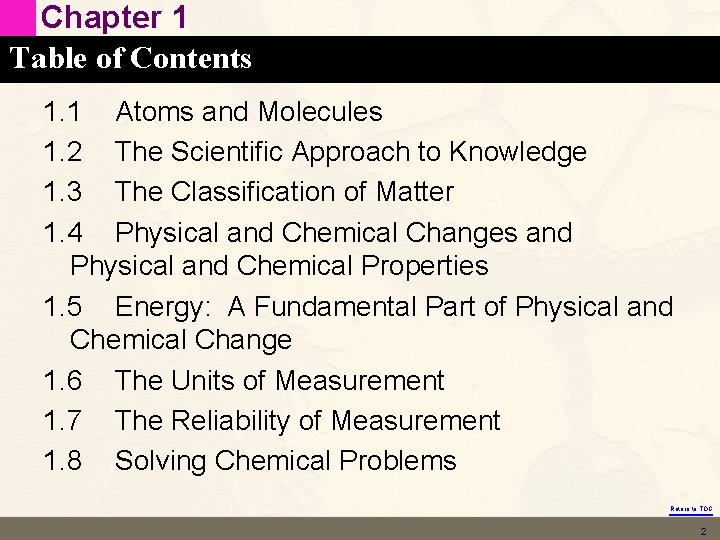Chapter 1 Table of Contents 1. 1 Atoms and Molecules 1. 2 The Scientific