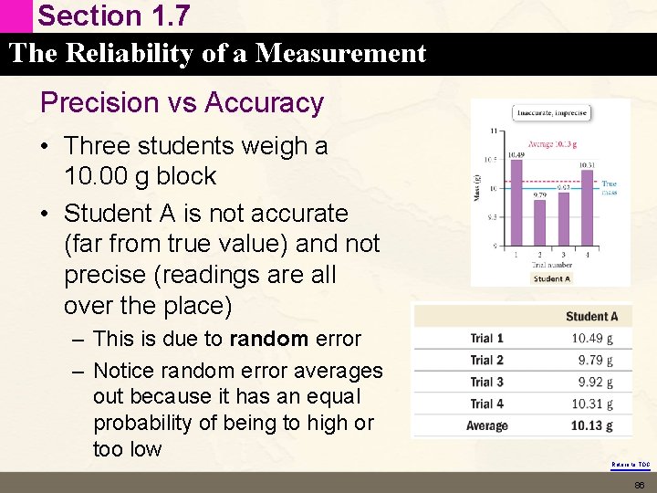 Section 1. 7 The Reliability of a Measurement Precision vs Accuracy • Three students