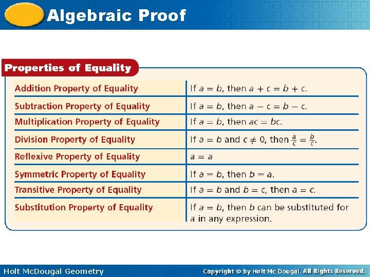 Algebraic Proof Holt Mc. Dougal Geometry 