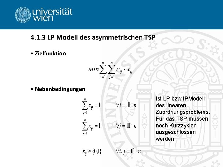 4. 1. 3 LP Modell des asymmetrischen TSP • Zielfunktion • Nebenbedingungen Ist LP