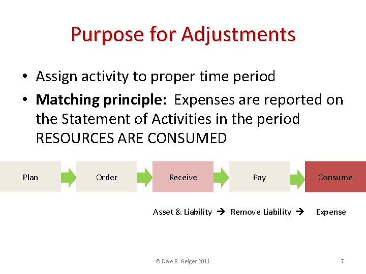 Purpose for Adjustments • Assign activity to proper time period • Matching principle: Expenses