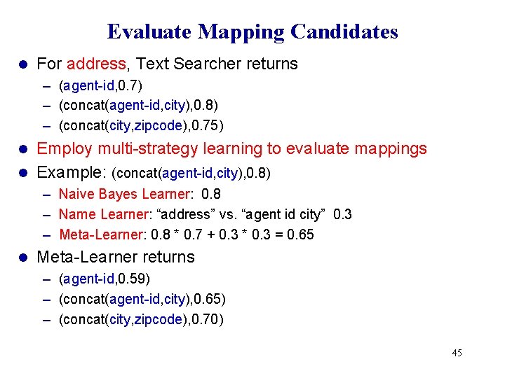 Evaluate Mapping Candidates l For address, Text Searcher returns – (agent-id, 0. 7) – Evaluate Mapping Candidates l For address, Text Searcher returns – (agent-id, 0. 7) –