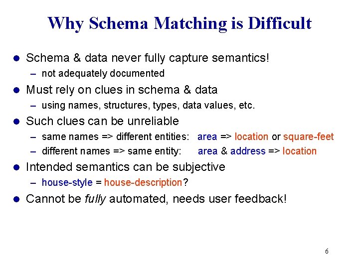 Why Schema Matching is Difficult l Schema & data never fully capture semantics! – Why Schema Matching is Difficult l Schema & data never fully capture semantics! –