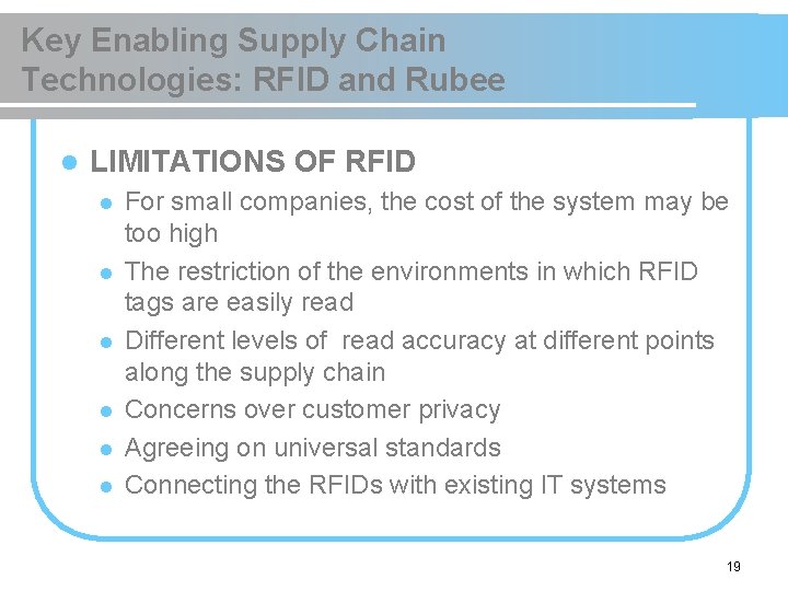 Key Enabling Supply Chain Technologies: RFID and Rubee l LIMITATIONS OF RFID l l