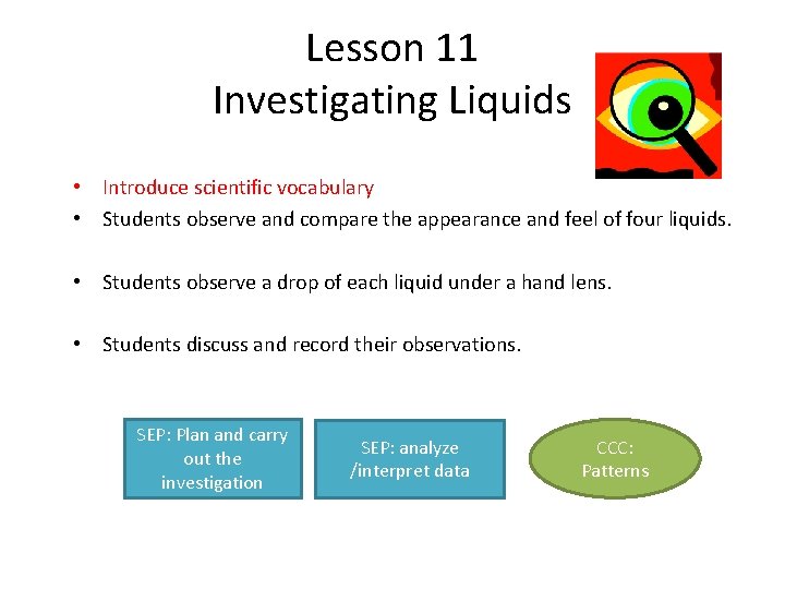 Lesson 11 Investigating Liquids • Introduce scientific vocabulary • Students observe and compare the